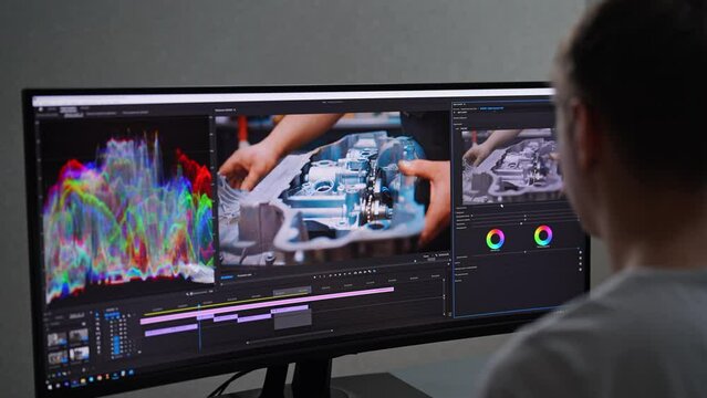 View from shoulder of unrecognizable editor preforming color grading with waveform. Closeup process of professional post-production of video or photo. Software for video processing color correction.