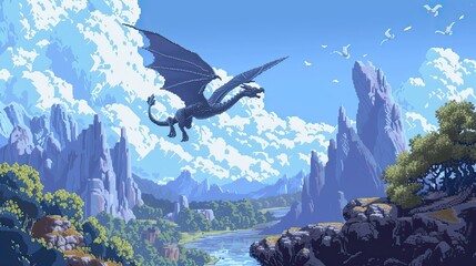 Pixel dragon. Style, game, monster, fantasy, fire, wings, snake, flame, fairy tale, princess, head, snake, lizard, scales, knight, myth, gold, castle flies. Generated by AI