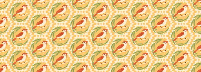 Cute bird with leaves repeating pattern on yellow background. Colorful spring print with animal.