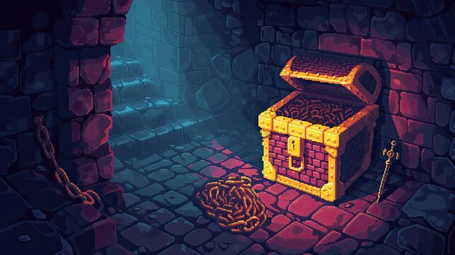 Pixel chest. Style, dragon, master key, castle, fantasy, jewelry, cross, gold, pirates, treasure, computer, RPG, reward, dungeon, character, game. Generated by AI