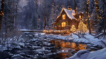 A partially transparent log cabin in a forest with a stream, decorated for Christmas, illuminated at night.