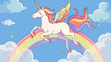 Cute unicorn. Abstraction, doodle, flight, clouds, tail, fairy tale, toy, rainbow, horse, myth, horn, miracles, imagination, pony, princess, dream, sorceress, magic, mane. Generated by AI