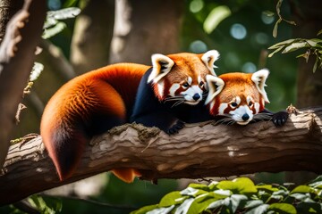  red pandas cuddled up together in a treetop nest