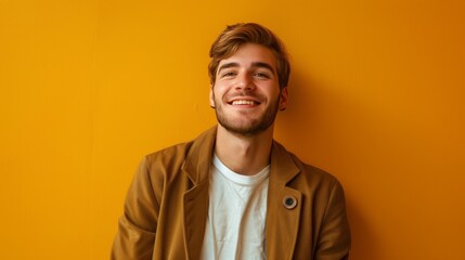 Obraz premium Young Man Smiling Against a Yellow Wall