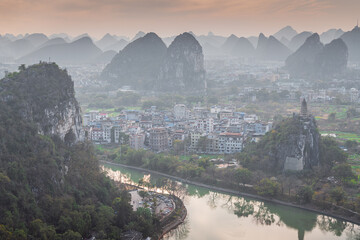 Aerial view of beautiful mountain and river natural landscape in Guilin, China