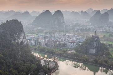 Papier Peint photo autocollant Guilin Aerial view of beautiful mountain and river natural landscape in Guilin, China
