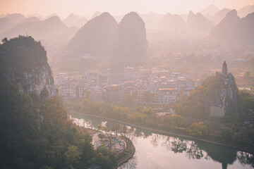Drone Sunset View of Guilin, Li River and Karst mountains, Guilin city - obrazy, fototapety, plakaty