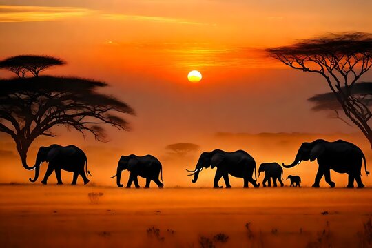 A family of elephants trekking across the vast savannah, their silhouettes painted against the backdrop of a fiery African sunset
