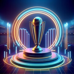 Football trophy standing on the stage with stylish neon lights with a cool design