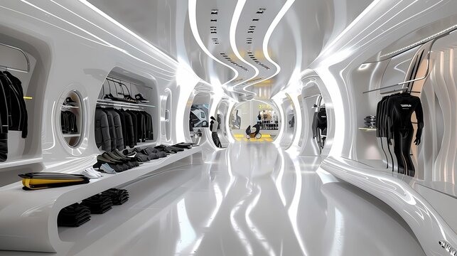 Futuristic corridor with white walls and ceiling,  Generative AI illustrations.