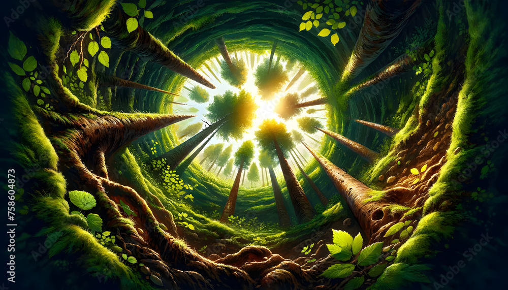 Poster the view from below, looking up from within a moss-lined hole towards the towering trees and the sun