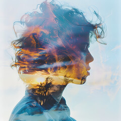 Double Exposure Portrait of a Woman with Nature Background generative ai