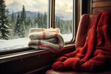 Warm mittens lying on the window sill of a train passing through snowy forests and fields
