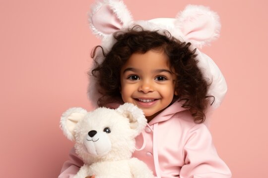
Photo of a little girl of Hispanic heritage in a bunny costume, set against a gentle pastel pink backdrop, exuding sweetness and charm.
