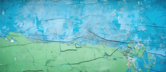 An aqua and electric blue wall, resembling a natural landscape with cracks, reminds of water and grassland. Its like an art display device painted with a mix of blue and green hues