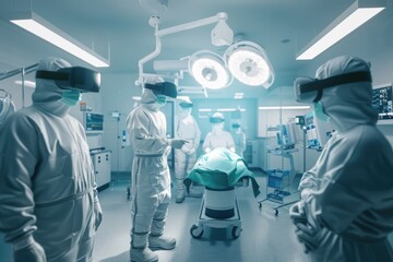 Surgeon in augmented reality glasses performing surgery, doctors surgeons in VR helmets in operating room, technology, VR AR reality - obrazy, fototapety, plakaty