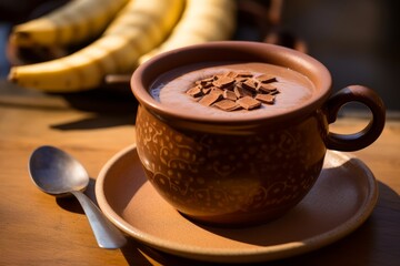 
Photo of a Champurrado served in a ceramic mug with a banana and dark chocolate pieces on top.