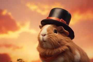 Fotobehang Portrait of a guinea pig in a space Panama hat, sitting against a pastel orange sky with weightless clouds. © Hanna Haradzetska