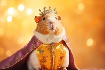 Guinea pig dressed as a dashing prince, with a regal pastel orange cape, standing against a pastel pink background adorned with celestial motifs.