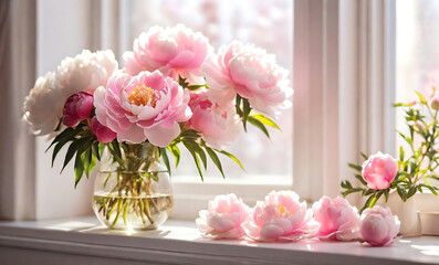 Glorious pastel pink bouquet of peonies in glass jug on floor by window. Flowers in interior design. Cozy home. AI Generated