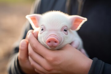 
Close-up photo of a funny mini pig resting contentedly in the hands of its loving owner, showcasing the trust and connection between them.