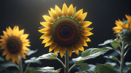 Sunflowers gleaming in the rays of shining light. Generative AI.

