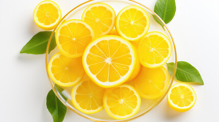 Top view of transparent bowl containing fresh lemon slices isolated on white background created with Generative AI Technology