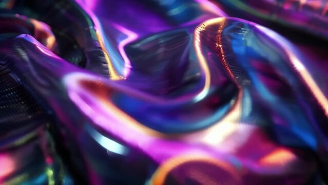 A detailed shot of a fabriclike material with an iridescent sheen and holographic patterns woven within its fibres. This futuristic textile has the capability to change colors