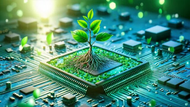 Green tree sprout on a computer chip, electronic circuit board.