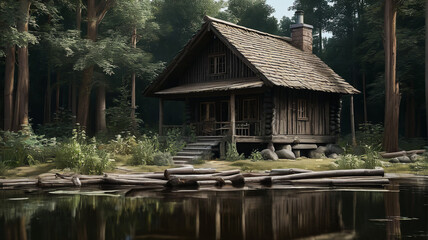 Fototapeta premium Wooden cottage by the lake surrounded by green trees. Summer. Generative AI.