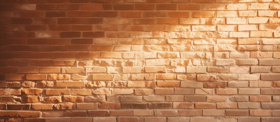 A closeup of a brown brick wall with sunlight shining through, showcasing the amber tints and shades of the building material. The rectangle pattern of the brickwork adds depth and texture
