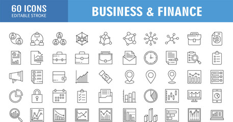 Fototapeta na wymiar Set of 50 Business icons. Business and Finance web icons in line style. Money, bank, contact, infographic. Icon collection. Vector illustration.