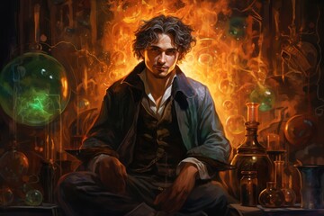 Portrait of a young male alchemist surrounded by bubbling potions, age 35.