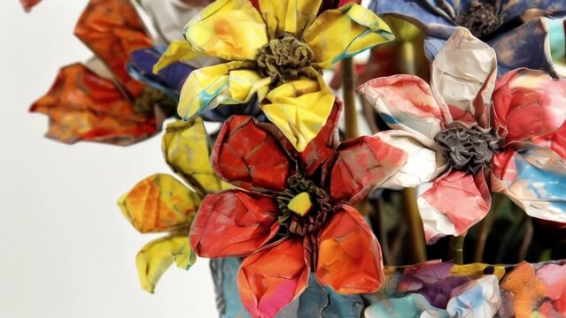 A detailed image of a paper mache vase showcasing the unique texture and depth created by layering shredded paper and glue. The vase is adorned with colorful paper flowers