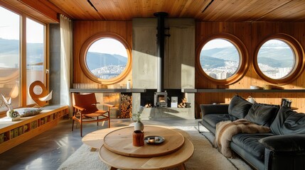 Interior of a hotel room with a fireplace at a mountain resort. Round windows in the interior of the apartments.