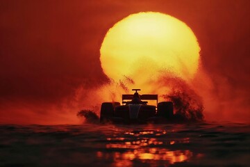 Fototapeta premium Photorealistic ai artwork of an open wheel racecar on a wet race tract with mist and water, silhouetted in front of a large sun at sunset or sunrise. Generative ai.