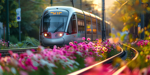 Transportation modes in vibrant city life captured outdoors with pink flower.