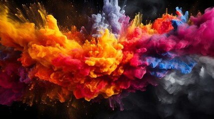 Naklejka na ściany i meble Design an image that illustrates a spectacular explosion of vividly colored powder on a black canvas, conveying a sense of movement, chaos, and artistic beauty.