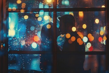 Silhouette of a young couple kissing near the window in the evening