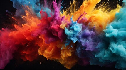 Design an image that illustrates a spectacular explosion of vividly colored powder on a black canvas, conveying a sense of movement, chaos, and artistic beauty. - obrazy, fototapety, plakaty