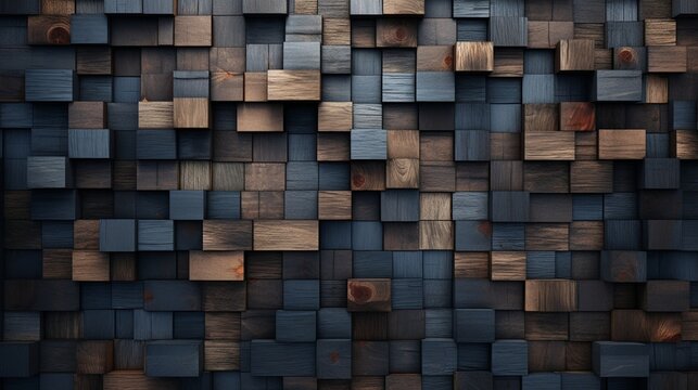 Design an image that highlights the beauty of aged wood art architecture textures, with abstract block stacks forming a striking composition on a wall. 