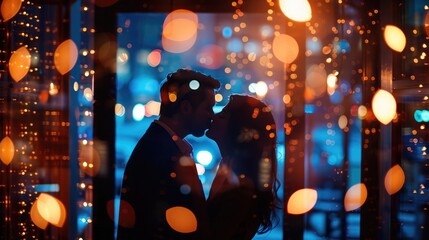 Silhouette of a young couple kissing near the window in the evening