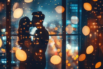Silhouette of a young couple kissing near the window in the evening - obrazy, fototapety, plakaty
