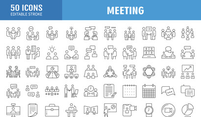 Meeting line icons set.  Containing as Conference, team, brainstorm, seminar, interview and more. Vector illustration.