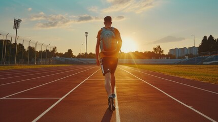 Young man with a backpack jogging on a track field, bathed in the warm glow of the setting sun, rucking, weighted backpack walking, outdoor fitness, rucksack exercises - obrazy, fototapety, plakaty