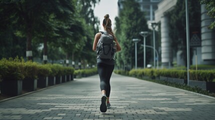 Fototapeta premium Woman enjoys a peaceful walk through an park, a gentle reminder of the simple pleasures and beauty of nature. Woman with backpack, rucking