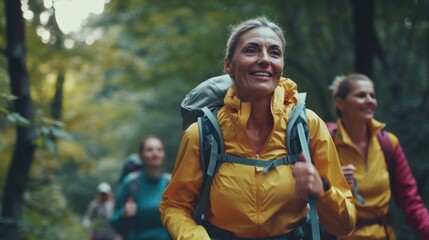 An elder adventurer trails behind a group in a lush forest, showcasing the timeless joy of hiking and exploration, rucking, do workout, running, ruck marching, endurance training