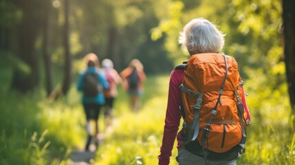 An elder adventurer trails behind a group in a lush forest, showcasing the timeless joy of hiking and exploration, rucking, do workout, running, ruck marching, endurance training