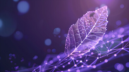 A partially transparent leaf with animated eco - friendly icons, with a tech grid overlay, against a deep purple background.