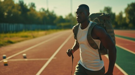 A focused male athlete in a sleeveless top trains on a sunny track, perseverance shining in his expression, with a backpack, running, rucking, weighted backpack walking, outdoor fitness, ruck marching - obrazy, fototapety, plakaty